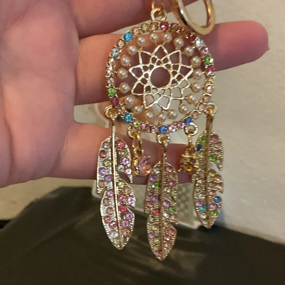 Gold Dreamcatcher Feather Bagcharm with Multicolor Crystals - Picture 1 of 3
